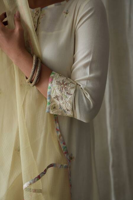 Kanika Sharma Off White Cotton, Modal, Kota Doria Embroidery Round Kurta Printed Palazzo Set at Aza Fashions Kanika Sharma_Off White Cotton, Modal, Kota Doria Embroidery Round Kurta Printed Palazzo Set _at_Aza_Fashions