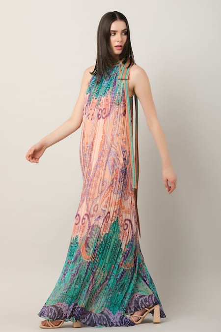 Shop_Limerick By Abirr N' Nanki_Multi Color Georgette Embroidery Halter Keya Paisley And Floral Print Jumpsuit _Online_at_Aza_Fashions