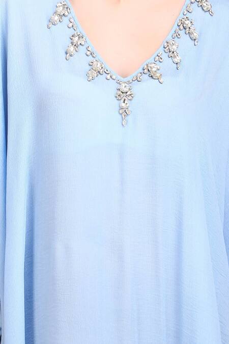 Label Ivish_Blue Silk, Chiffon Diamonds V-neck Embroidered Kaftan _at_Aza_Fashions