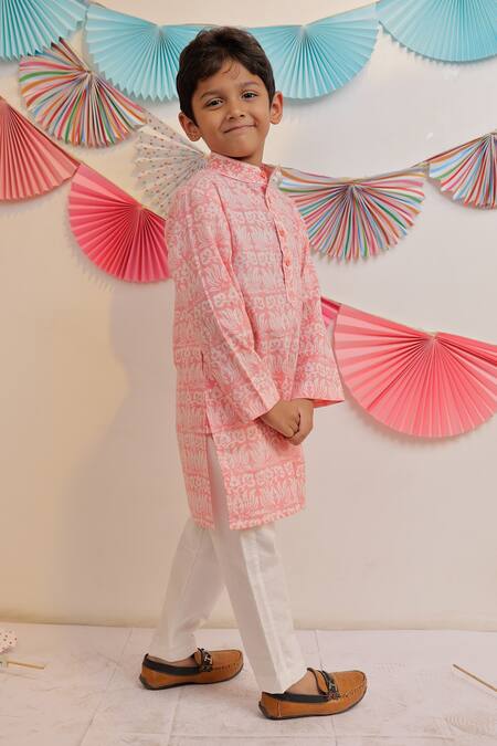 Tiny Colour Peach Cotton Embroidery Candy Floral Kurta With Pyjama at Aza Fashions Tiny Colour_Peach Cotton Embroidery Candy Floral Kurta With Pyjama _at_Aza_Fashions