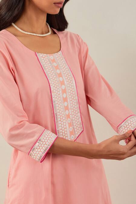 The Indian Cause_Peach Cotton Embroidery Round Neck Rozana Straight Kurta And Palazzo Set _at_Aza_Fashions