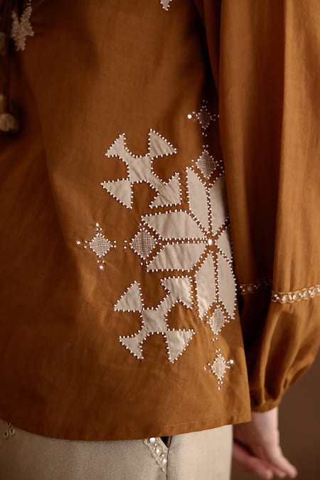 Nikasha Brown Cotton, Silk, Rayon Embroidery, Beads Applique Top And Baggy Pant Set at Aza Fashions Nikasha_Brown Cotton, Silk, Rayon Embroidery, Beads Applique Top And Baggy Pant Set _at_Aza_Fashions