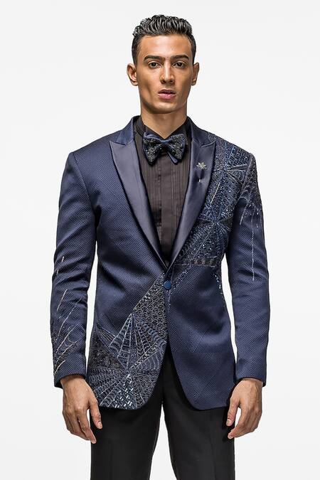 Asuka_Blue Woven Jacquard Embroidery Placement Blazer Set _Online_at_Aza_Fashions