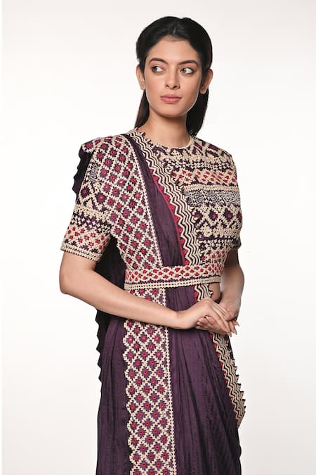 Shop_Soumodeep Dutta_Purple Silk, Handloom Cotton Embellished Border Pre-draped Saree With Blouse _Online_at_Aza_Fashions