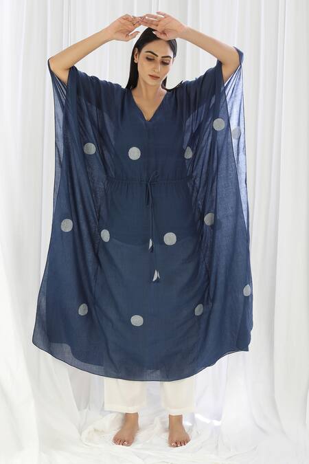 Khat_Blue V-neck Navy Polka Pattern Kaftan And Pant Set _at_Aza_Fashions