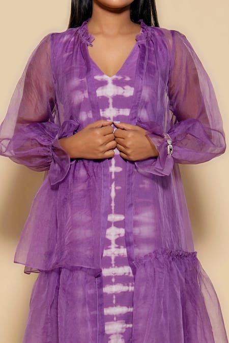 Ranng Label_Purple Lycra V-neck Sheer Shrug And Tie Dye Dress _Online_at_Aza_Fashions