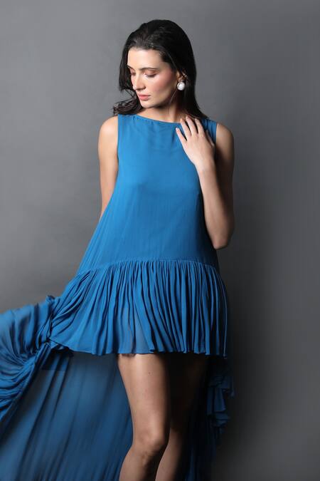 Swatee Singh_Blue Georgette Round Neck Solid Ruffle Hem Asymmetric Dress _at_Aza_Fashions