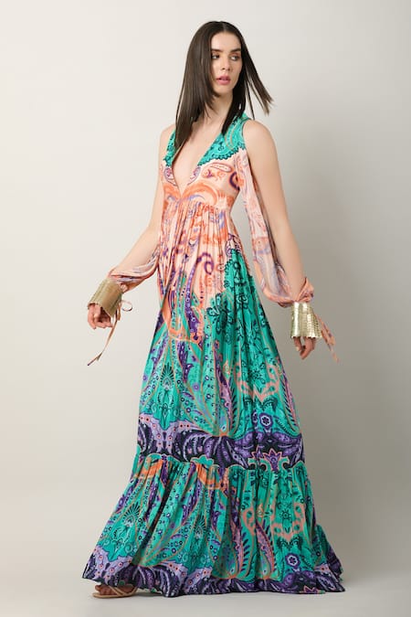 Buy_Limerick By Abirr N' Nanki_Multi Color Organza, Crepe Embroidery Diara Floral And Paisley Pattern Dress _Online_at_Aza_Fashions