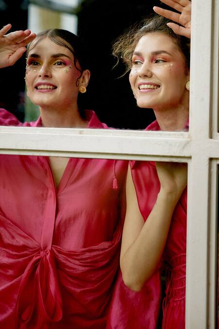 Garima Bindal Fuchsia Chanderi, Silk Ivy A-line Shirt Dress at Aza Fashions Garima Bindal_Fuchsia Chanderi, Silk Ivy A-line Shirt Dress _at_Aza_Fashions