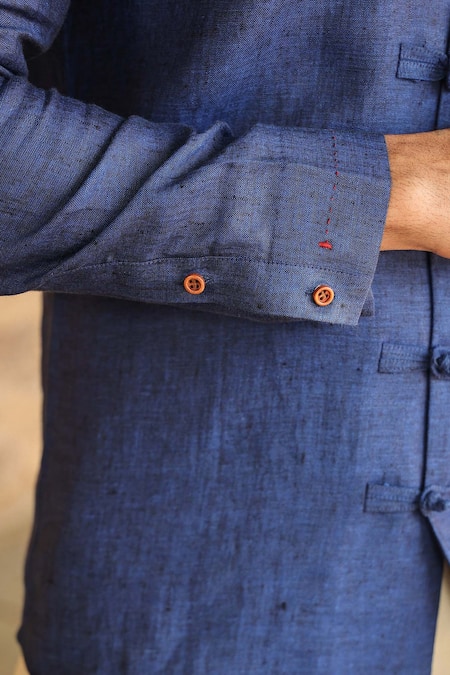 Raw & Rustic by Niti Bothra_Blue Linen Embroidery Handcrafted Straight Shirt _at_Aza_Fashions