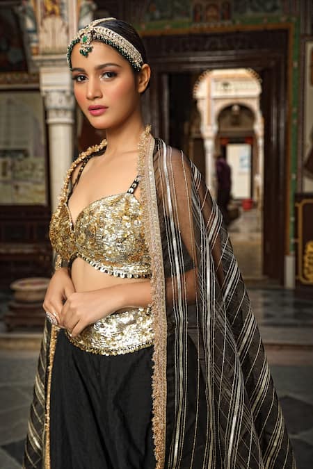 Neha Khullar_Black Chanderi Silk, Organza, Crepe Sequins, Zari Hand Work Blouse Lehenga Set _at_Aza_Fashions