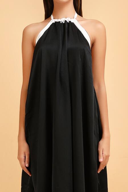 Label Ivish_Black Silk, Satin Halter Neck Tent Dress _at_Aza_Fashions