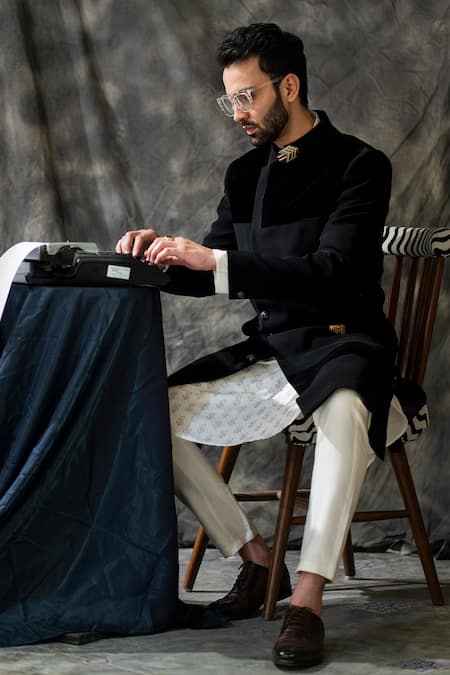 Shop_Soniya G_Black Italian Crepe Sherwani And Printed Kurta Set _at_Aza_Fashions