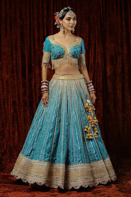 Shop_Shikhar Sharma_Blue Lehenga And Blouse Cotton Shimmer Chanderi Embroidered Gota Paan Bridal Set _Online_at_Aza_Fashions