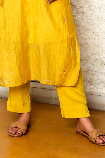 Tatwa_Yellow Handloom Cotton, Viscose Embroidery Round Neck Yoke Kurta And Pant Set _at_Aza_Fashions