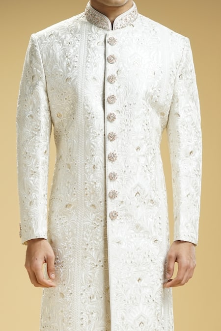 Kommal Sood_Off White Cotton Satin, Cotton, Silk Embroidery Flower Sherwani Jacket Set _Online_at_Aza_Fashions