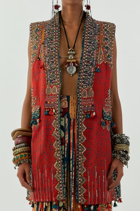 Aseem Kapoor_Red Satin Linen Zari Marodi Resham Open Ruhi Sleeveless Jacket _at_Aza_Fashions