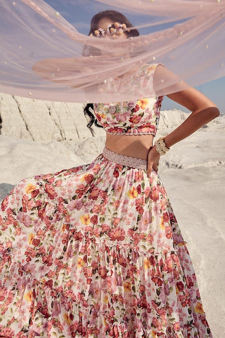 Nikita Vishakha_Purple Georgette, Modal, Mohair Embroidery Split Floral Print Tiered Lehenga Set _at_Aza_Fashions