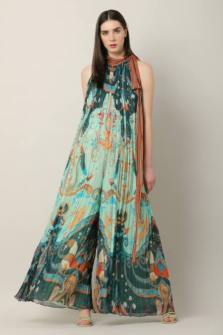 Buy Limerick By Abirr N' Nanki Multi Color Georgette Embroidery Halter Neck Keya Peacock Print Pleated Jumpsuit Online at Aza Fashions Buy_Limerick By Abirr N' Nanki_Multi Color Georgette Embroidery Halter Neck Keya Peacock Print Pleated Jumpsuit _Online_at_Aza_Fashions