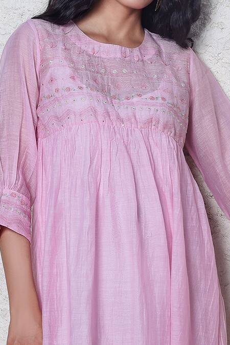 Tatwa_Pink Handloom Cotton, Viscose Embroidery Round Neck Chanderi Yoke Dress _at_Aza_Fashions