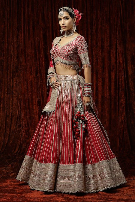 Shop Shikhar Sharma Red Silk, Georgette, Chanderi Embroidery, Tassels, Musk Rose Bridal Lehenga Set Online at Aza Fashions Shop_Shikhar Sharma_Red Silk, Georgette, Chanderi Embroidery, Tassels, Musk Rose Bridal Lehenga Set _Online_at_Aza_Fashions