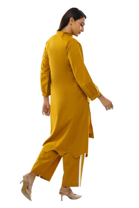 Shop Khat Yellow Poplin, Cotton Mandarin Collar Panelled Mustard Dress And Pant Set Online at Aza Fashions Shop_Khat_Yellow Poplin, Cotton Mandarin Collar Panelled Mustard Dress And Pant Set _Online_at_Aza_Fashions