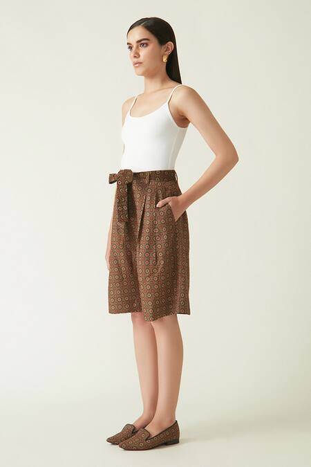 Payal Pratap Brown Cupro Muga Silk Printed Floral Dempo Shorts at Aza Fashions Payal Pratap_Brown Cupro Muga Silk Printed Floral Dempo Shorts _at_Aza_Fashions