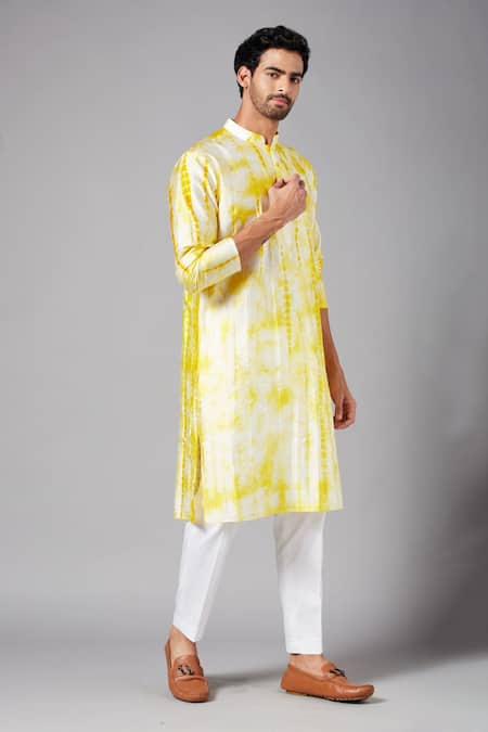 Shop_Hilo Design_Yellow Silk, Cotton Tintlo Mandarin Collar Kurta Set _Online_at_Aza_Fashions
