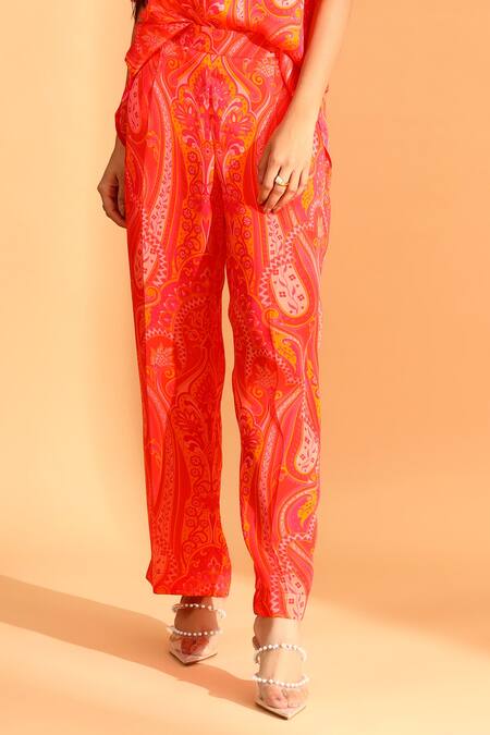 Moh India Coral Cupro And Copper Silk Paisley Trouser at Aza Fashions Moh India_Coral Cupro And Copper Silk Paisley Trouser _at_Aza_Fashions