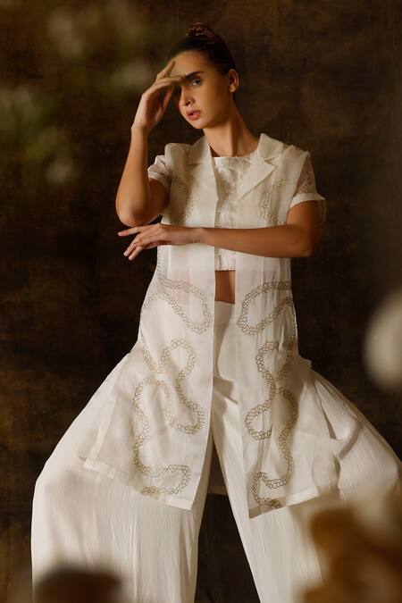 Eclat By Prerika Jalan_Ivory Organza, Satin, Crepe, Muslin Cut Work, Embroidery Jacket Pant Set _at_Aza_Fashions