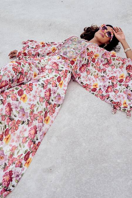 Nikita Vishakha_Pink Organza, Georgette Embroidery V-neck Floral Print Kaftan And Flared Pant Set _at_Aza_Fashions