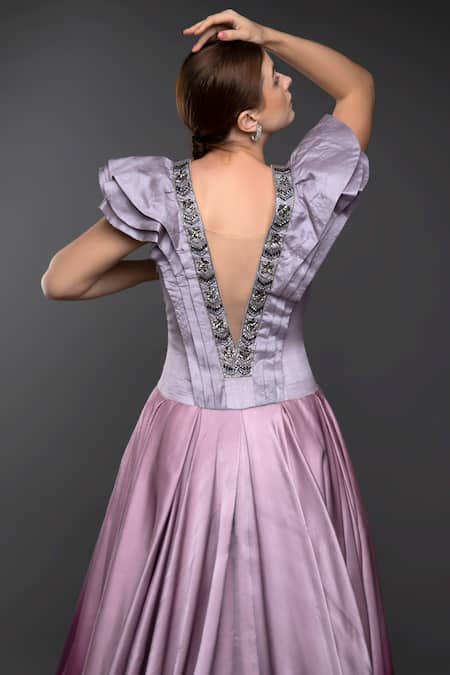 Anjum Qureshi_Pink Satin Hand Embroidered Beads Plunge Neck Asymmetrical Gown _at_Aza_Fashions