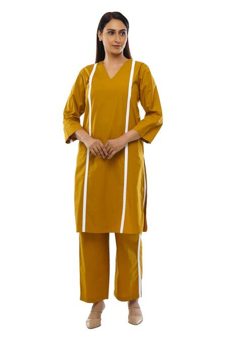 Shop_Khat_Yellow Poplin, Cotton V-neck Rounded Hem Kurta Pant Set _Online_at_Aza_Fashions