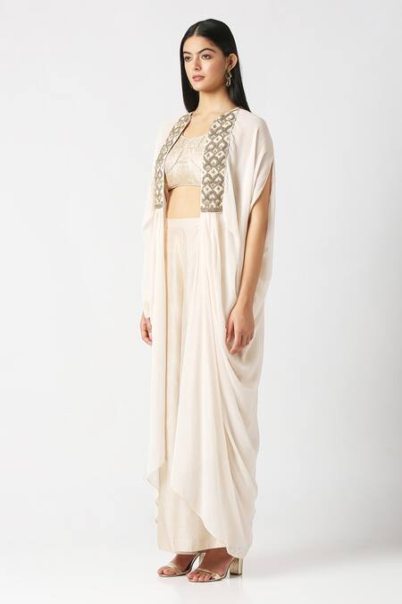 Shop Labbada Ivory Cape Viscose Georgette Hand Embroidered Marodi And Brocade Palazzo Set Online at Aza Fashions Shop_Labbada_Ivory Cape Viscose Georgette Hand Embroidered Marodi And Brocade Palazzo Set_Online_at_Aza_Fashions