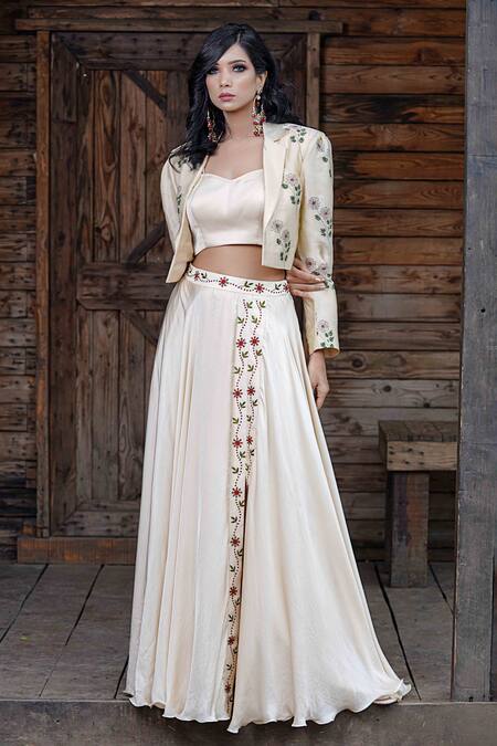 Ahi Clothing Cream Silk Satin Lining Shantoon Floral Block Print, Cropped And Lehenga Set at Aza Fashions Ahi Clothing_Cream Silk Satin Lining Shantoon Floral Block Print, Cropped And Lehenga Set _at_Aza_Fashions