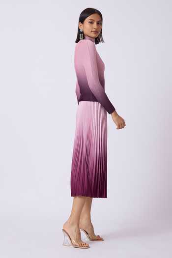 Scarlet Sage_Pink Polyester High Neck Geometric Print Top And Skirt Set_at_Aza_Fashions