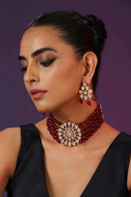 Shop_Swabhimann_Red Beads Kundan Embellished Choker Set _Online_at_Aza_Fashions