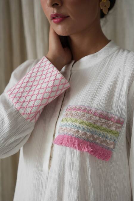 Kanika Sharma_White Crepe, Cotton, Modal Embroidery Bandeau Neck Crinkled Kurta And Pant Set _at_Aza_Fashions