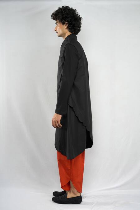 Buy_Antar Agni_Black Cotton, Silk Long Tail Kurta _Online_at_Aza_Fashions