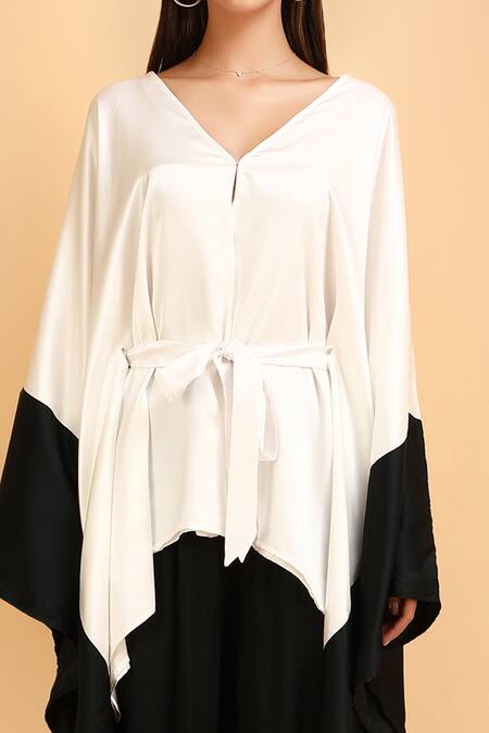 Label Ivish Black Silk V-neck And White Kimono Jacket Trouser Set at Aza Fashions Label Ivish_Black Silk V-neck And White Kimono Jacket Trouser Set _at_Aza_Fashions