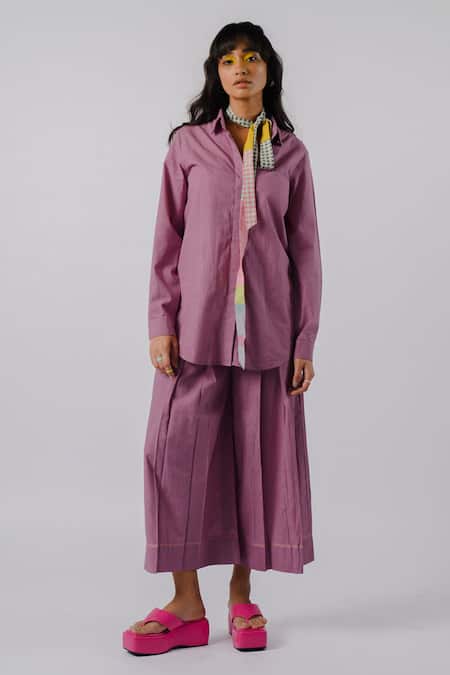 Shop Tussah By Siddhi Shah Purple Cotton Collared Solid Shirt And Pant Set Online at Aza Fashions Shop_Tussah By Siddhi Shah_Purple Cotton Collared Solid Shirt And Pant Set _Online_at_Aza_Fashions