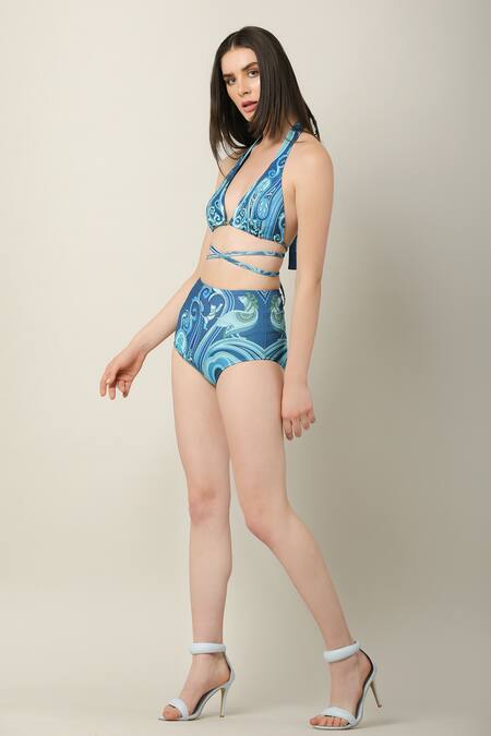 Shop_Limerick By Abirr N' Nanki_Multi Color Polyester, Spandex Plunge Neck Carin Paisley Pattern Bikini Set _Online_at_Aza_Fashions