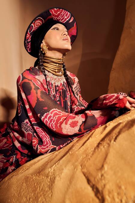 Shop_Bhumika Sharma_Black Georgette Tassels, Embroidery Round Printed Poncho Top And Flared Pant Set _Online_at_Aza_Fashions