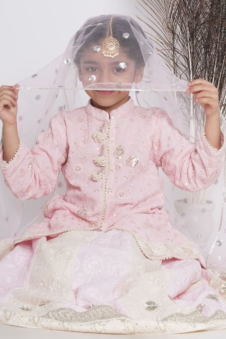 Shop_Little Bansi_Pink Cotton, Net Pearls, Gota Patti, Embroidered Floral Kurta Lehenga Set _Online_at_Aza_Fashions