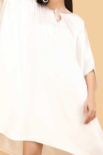 Label Ivish_Off White Silk, Velvet Keyhole Neck Front Tie-up Asymmetric Kaftan _at_Aza_Fashions