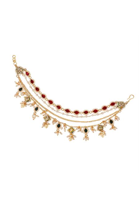 Auraa Trends_Red Stone, Kundan Embellished Ear Chain_at_Aza_Fashions