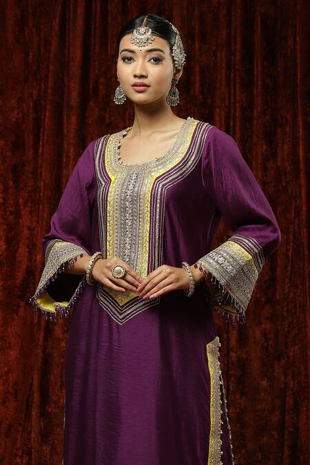 Shikhar Sharma Purple Silk Chanderi Embroidered Pearl Round Neck Kurta Pant Set at Aza Fashions Shikhar Sharma_Purple Silk Chanderi Embroidered Pearl Round Neck Kurta Pant Set _at_Aza_Fashions