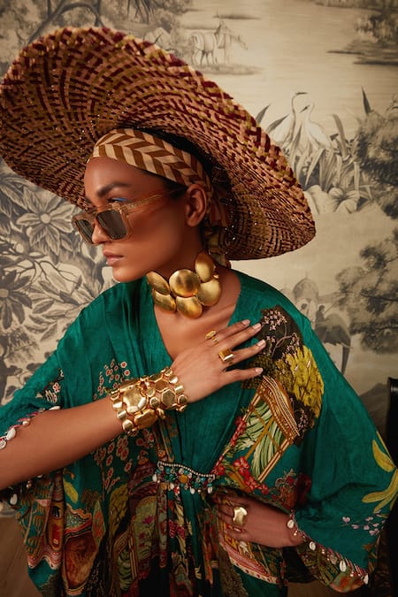 Kalista_Green Crepe Beads V-neck Aamna Mughal Pattern Kaftan _at_Aza_Fashions