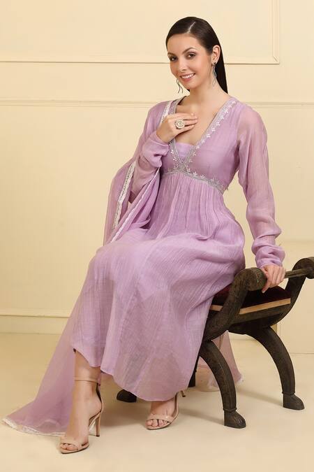 Neha Khullar_Purple Silk, Cotton, Embroidery Neckline Kurta Pant Set _at_Aza_Fashions