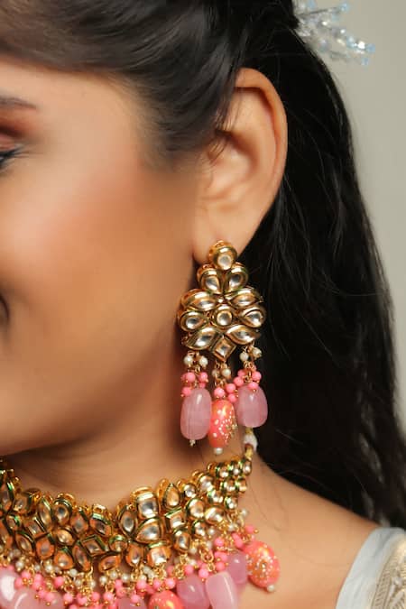 Shop_Ishhaara_Pink Beads, Stones Abstract Embellished Choker Necklace Set _Online_at_Aza_Fashions